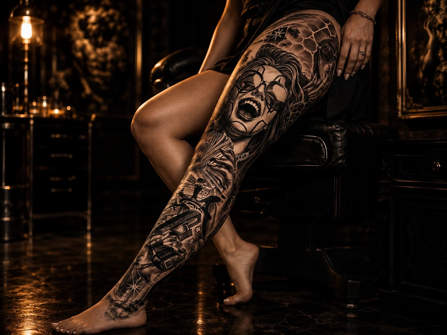Black and grey realism back tattoo with Greek god portrait, winged angel, temple, and lightning at Bloodline Tattoo Bangkok