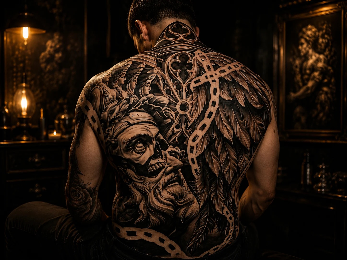 Black and grey realism sleeve with Greek god, winged angel, cathedral architecture, and eye detail at Bloodline Tattoo Bangkok