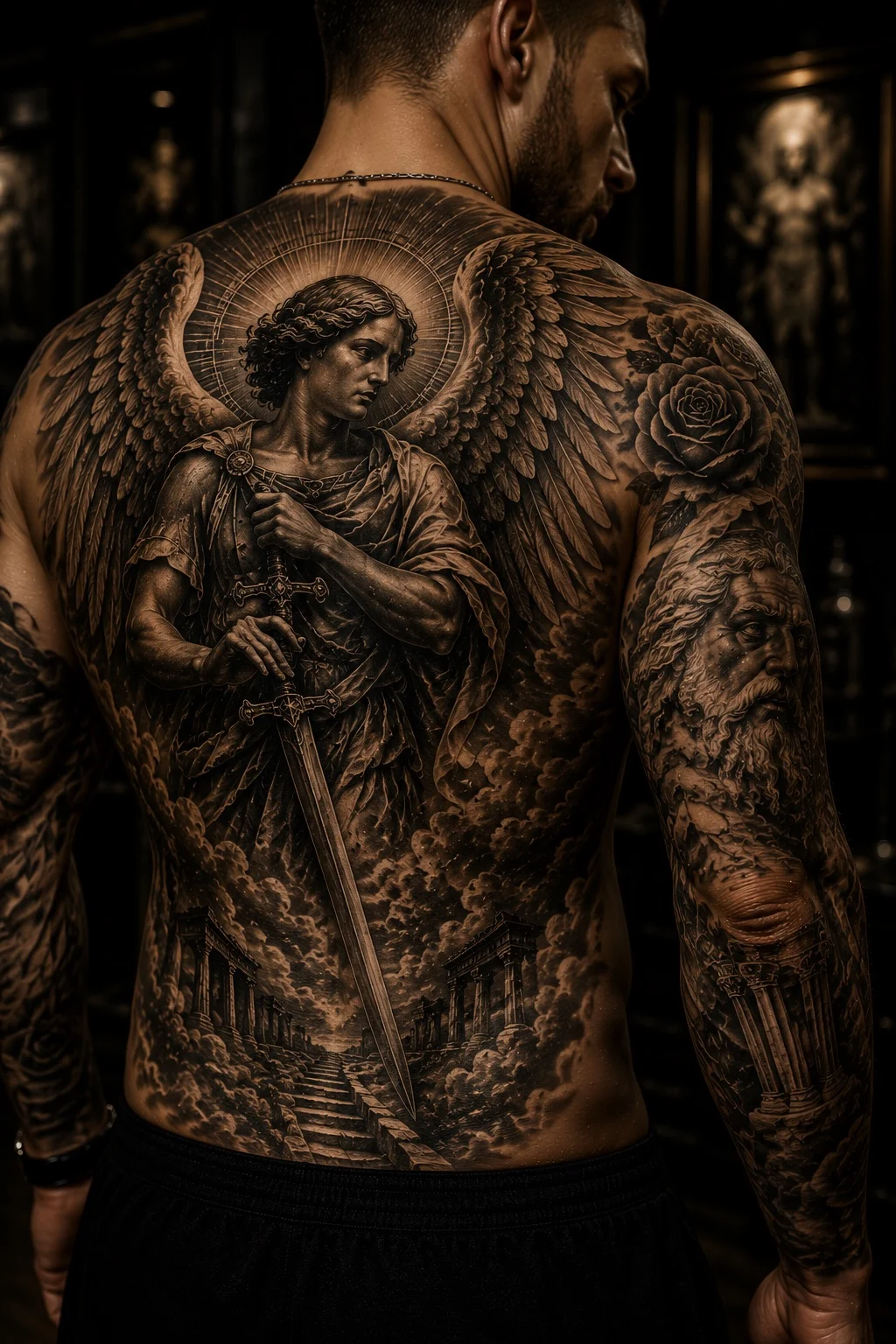 Archangel Michael black and grey realism back tattoo with sword, ruins, and rose sleeve at Bloodline Tattoo Bangkok